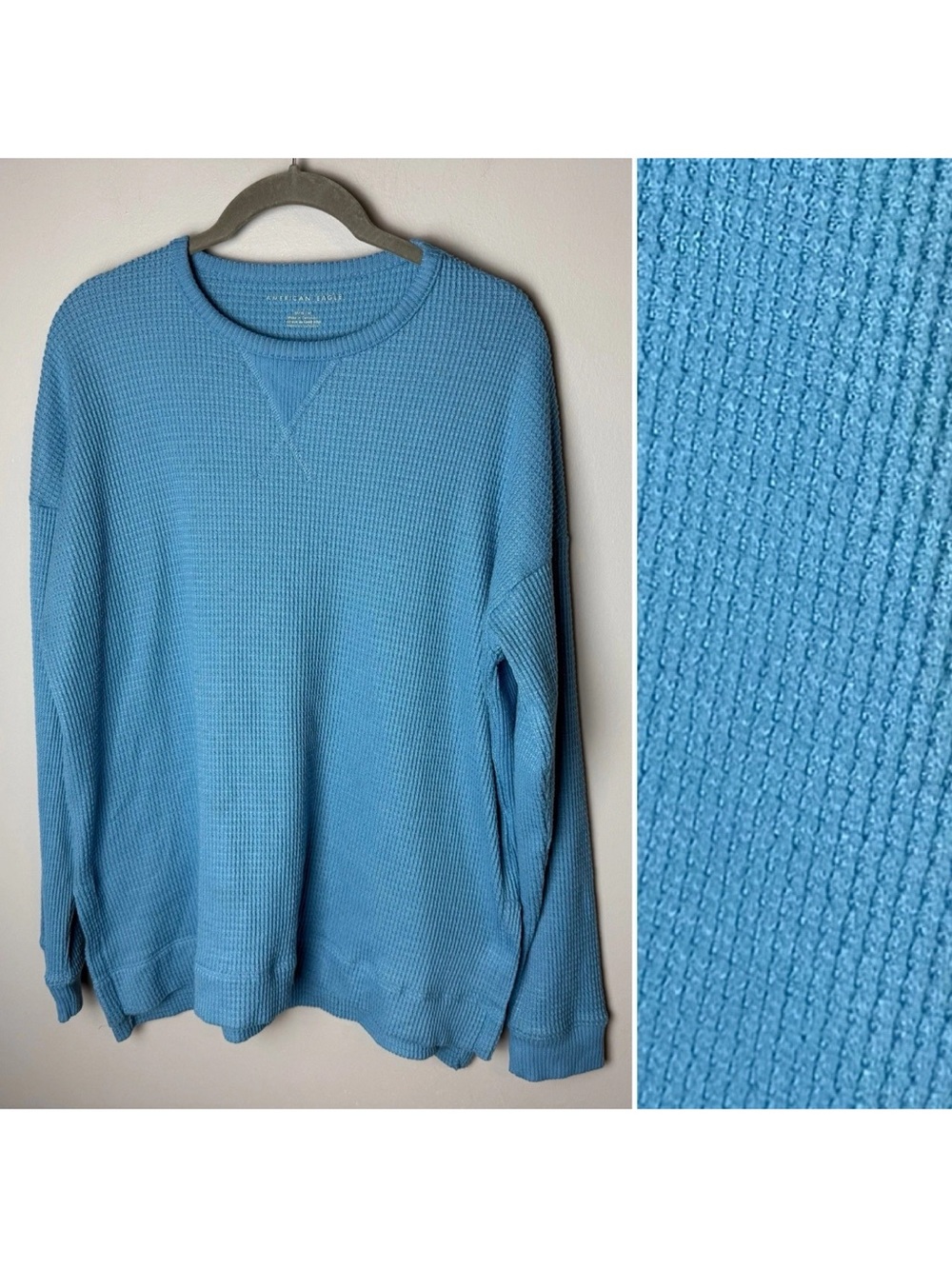 American Eagle Waffle Knit Top Size Medium Thermal Oversized Blue Relaxed Fit